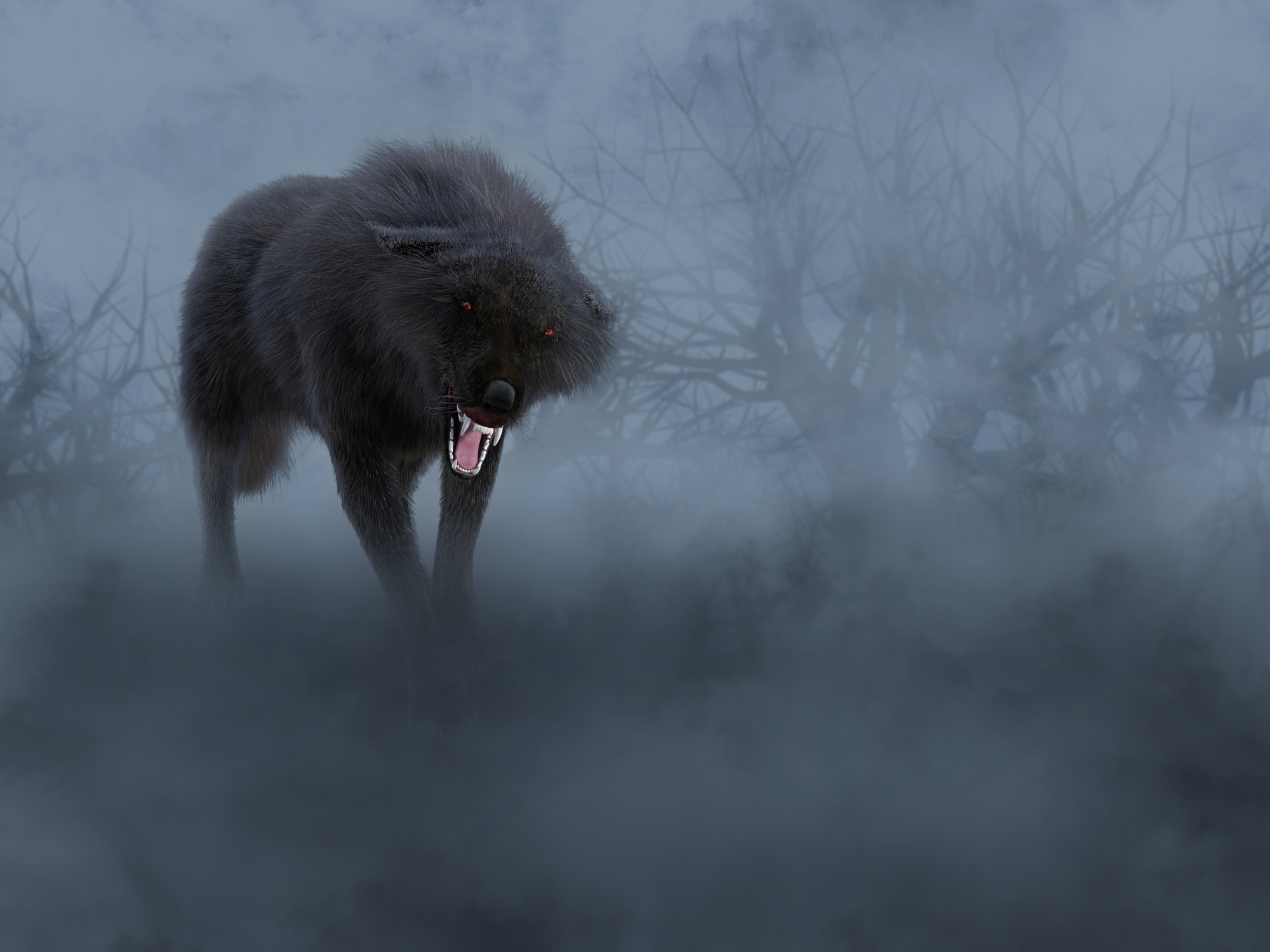 Черный волк в тумане с красными глазами